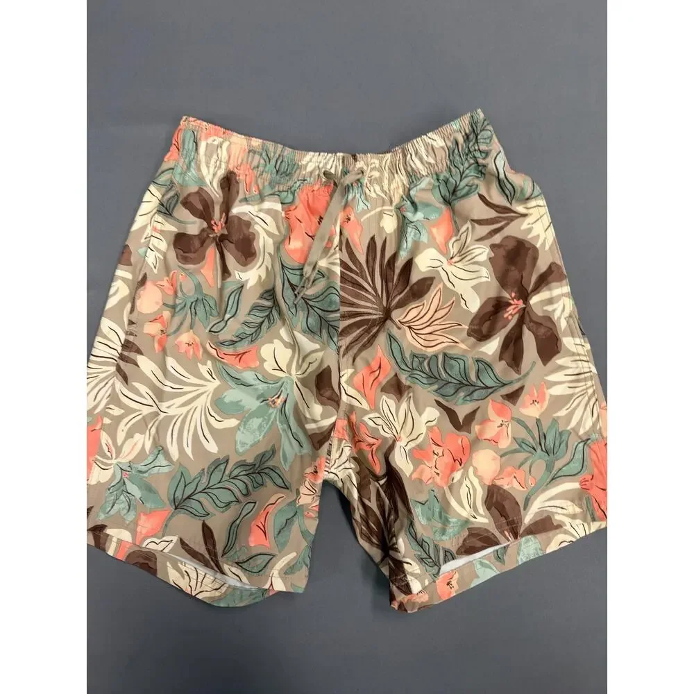 MENS OLD NAVY SWIM TRUNKS Shorts Draw String lined Tan Flowers Hawaiian SMALL